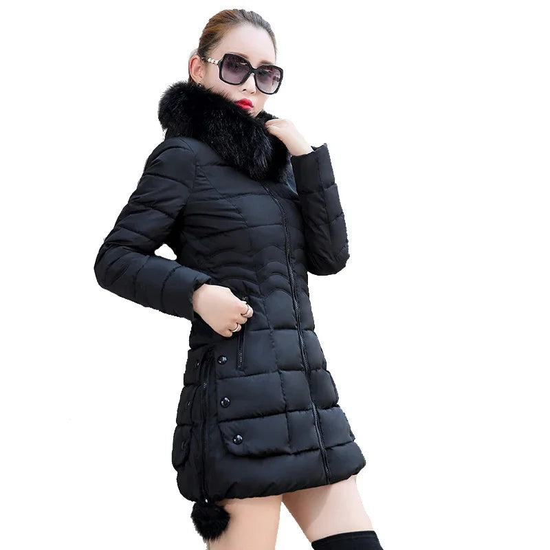 Winter Jacket Women 2025 winter coat pure color casual Fur Collar Hooded long hooded cotton lady jacket