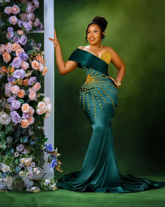 Aso Ebi Style Blue Green Mermaid Prom Dresses with Golden Crystals Off the Shoulder Silk Satin African Wedding Reception Dress