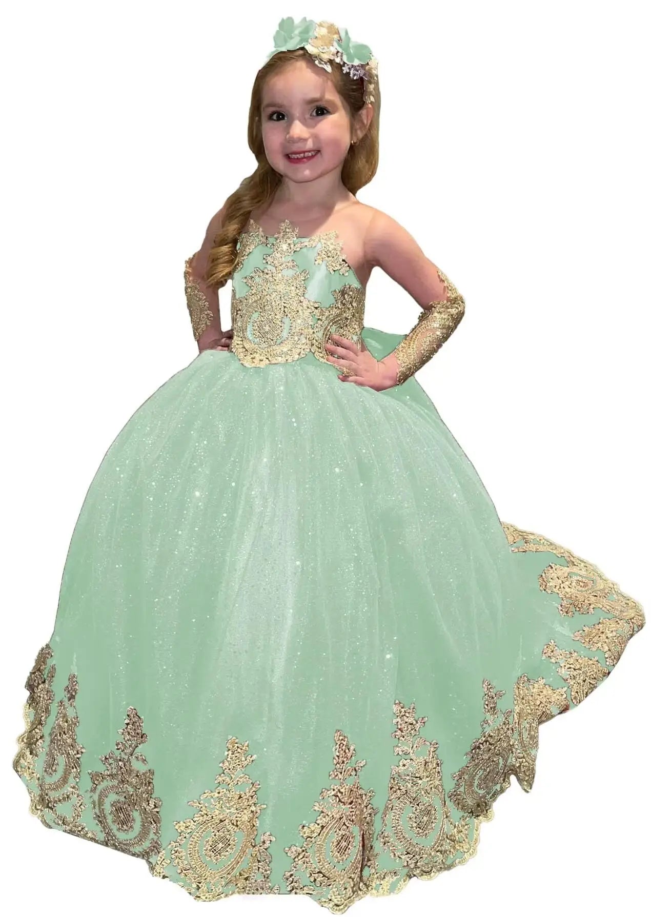 Glitter Puffy Princess Flower Girl Dresses Gold Appliques Bow Tulle Long Pageant Wedding Party Mini Quinceanera Dress Ball Gowns