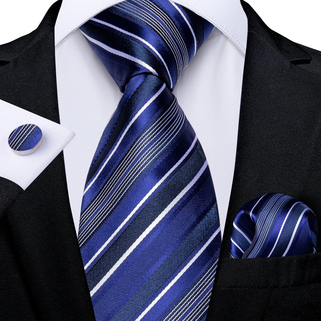 Royal Blue Paisley Plaid Striped Men tie Set with Handkerchief Cufflinks Wedding Prom Groom Accessories Perfect Gift for Men