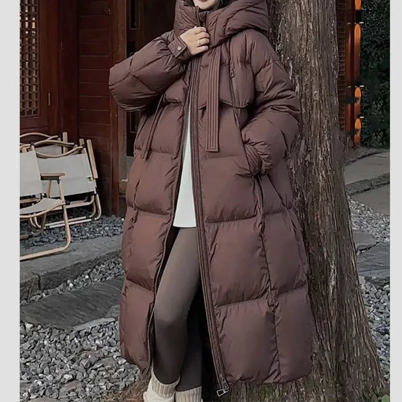 Long Sleeve Zipper Pocket Long Coat Casual Thicken Warm Hooded Down Coat Lady Office Parkas Fall Winter Down Coat