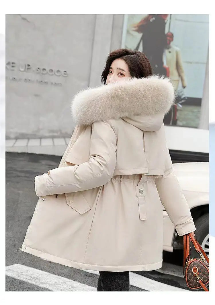 2025 Winter New Korean Edition Loose Thicken Cotton Jacket Women's Big Fur collar Hooded Coat Female Casual Warm Parker Overcoat