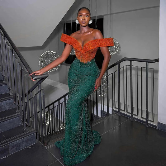 Sparkle Beading Prom Dresses Aso Ebi Maxi Gowns Sequins Lace Party Dress Orange Green Mermaid Formal Dress Embellishment