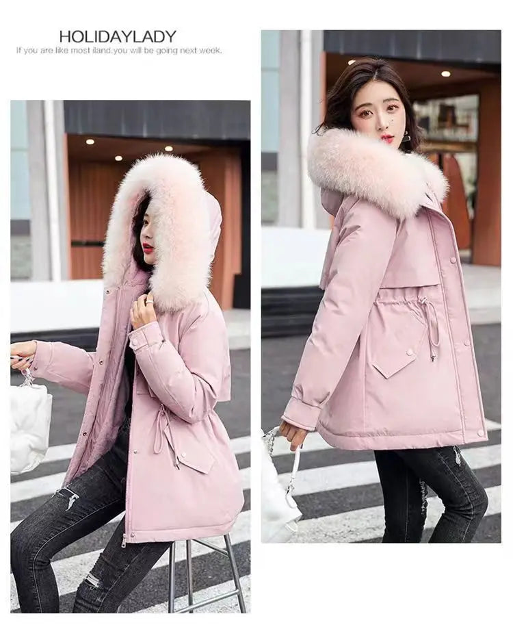2025 Winter New Korean Edition Loose Thicken Cotton Jacket Women's Big Fur collar Hooded Coat Female Casual Warm Parker Overcoat
