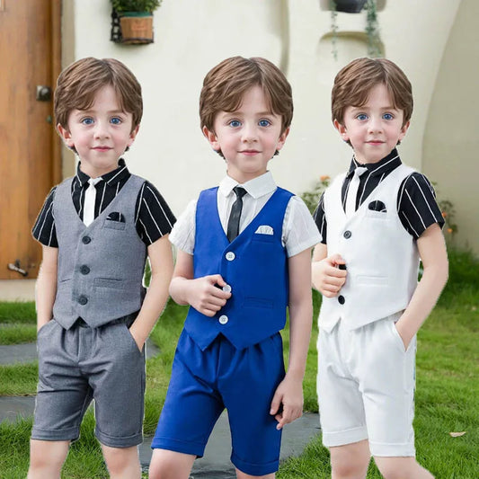 Boys Summer Vest Dress 3Pieces/Set Vest Shorts Bowtie Photograph Suit School  Performance Clothing Set Children Wedding Custome