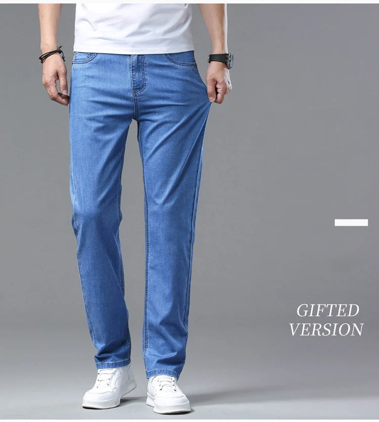 2025 Spring Summer Thin Classic Men's Business Jeans Stretch Trousers Casual Straight Denim Pants  Brand Male Clothing 28-40