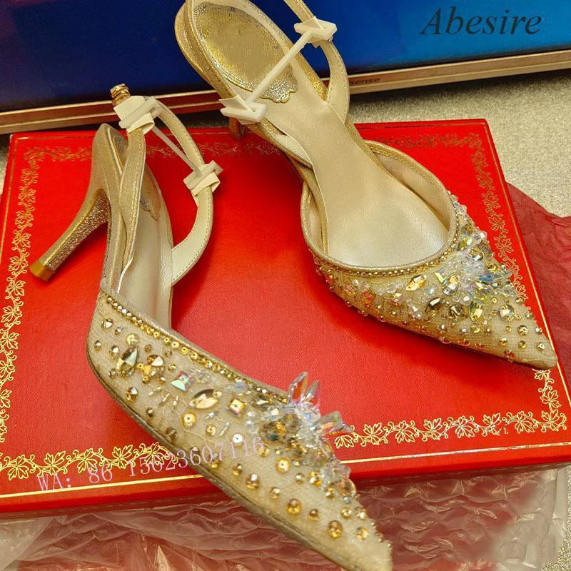 New Style White Wedding Banquet Luxury Heeled Women's Single Shoes with Pointed Toe Diamond-Decorated Stilettos Toe Cap