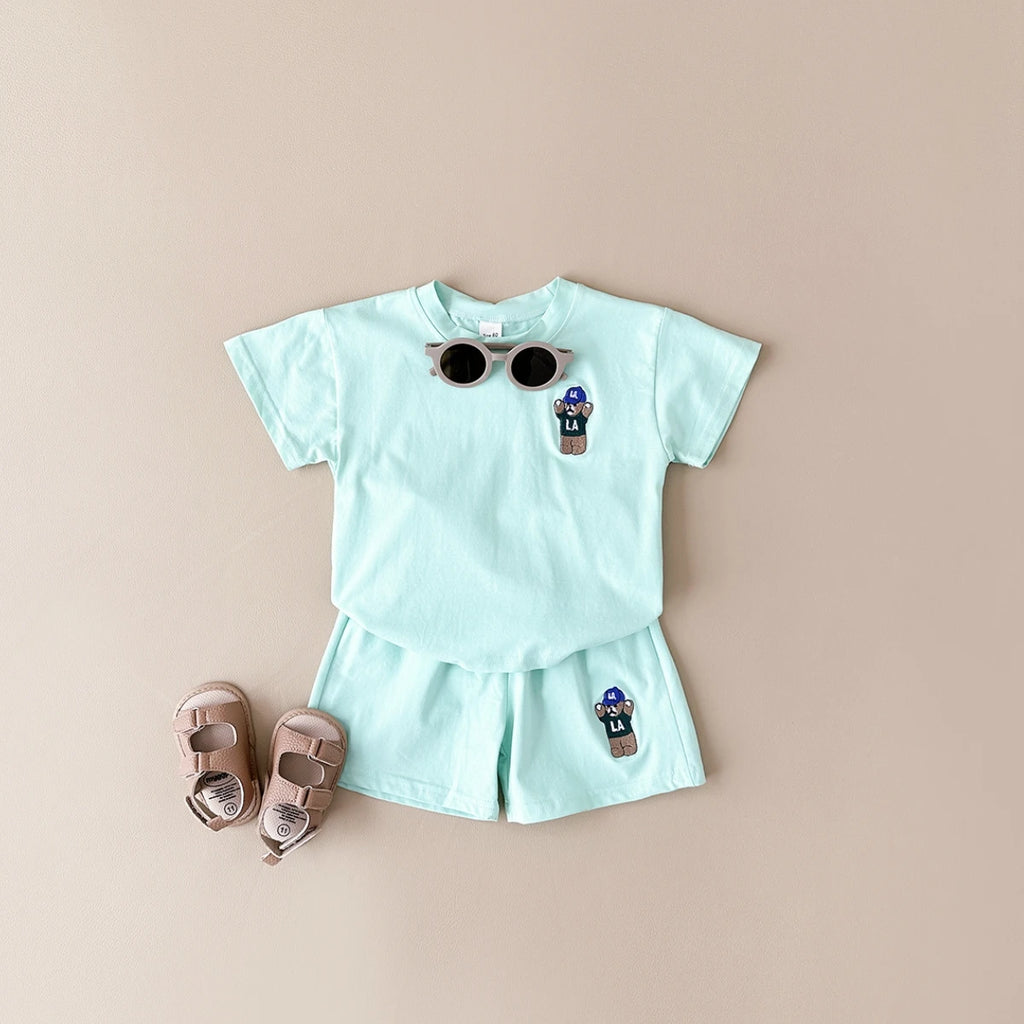 INS Summer Baby Boys Clothes Baby Girls Suit Bear Embroidery Thin Sports T-shirt Baby Cotton Infant Outfit Set Children Clothing