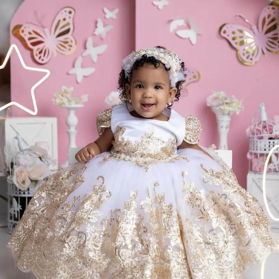 Ball Gown Flower Girl Dresses Photo Shoot Pearls Kid Birthday Party Gowns with Gold Appliqued Children Wedding Guest Dresses
