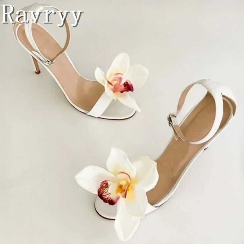 Women New Flower Decor Wedding Shoes Brand Design Thin High Heels Sandals Open Toe Summer Party Dress Shoes