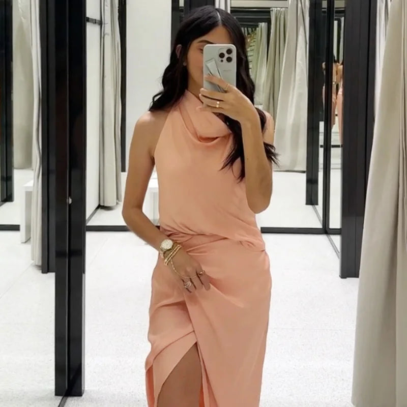 TRAF Satin Skirt Set Elegant Women's Sets Backless Halter Top Woman 2 Piece Set Outfit Fashion Midi High Waist Wrap Skirt Suits