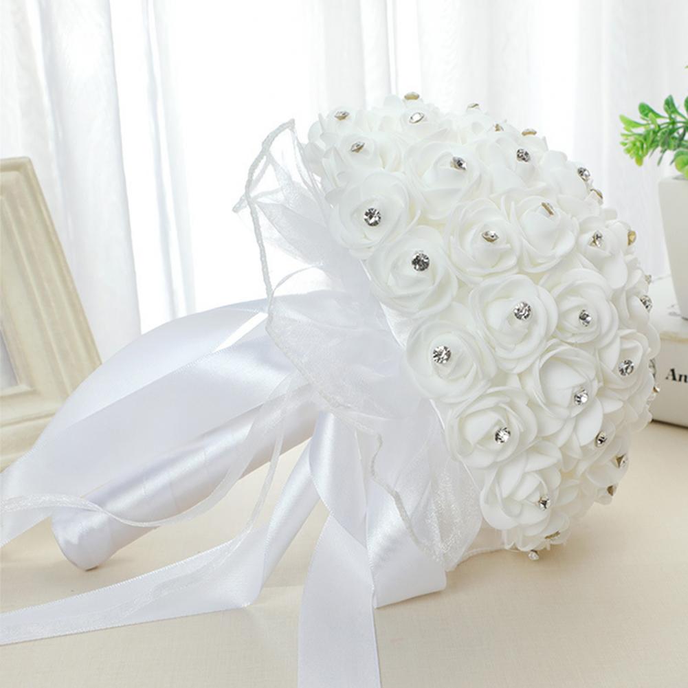 White Faux Silk Diamond Flower Ribbon Bouquet Wedding Bridal Holding Rose Bouquet Fake Flower for Wedding Decoration Flowers
