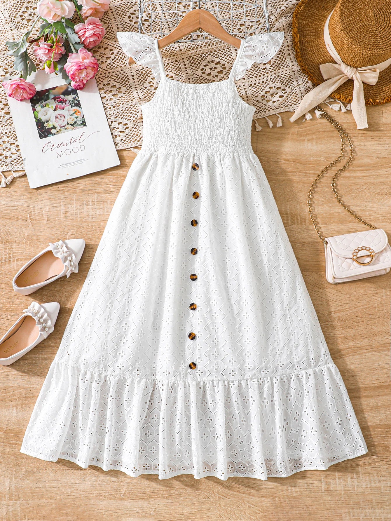Euro-american style summer children's girls slimming hollow embroidered vest lace halter with layered breasted close sexy dress