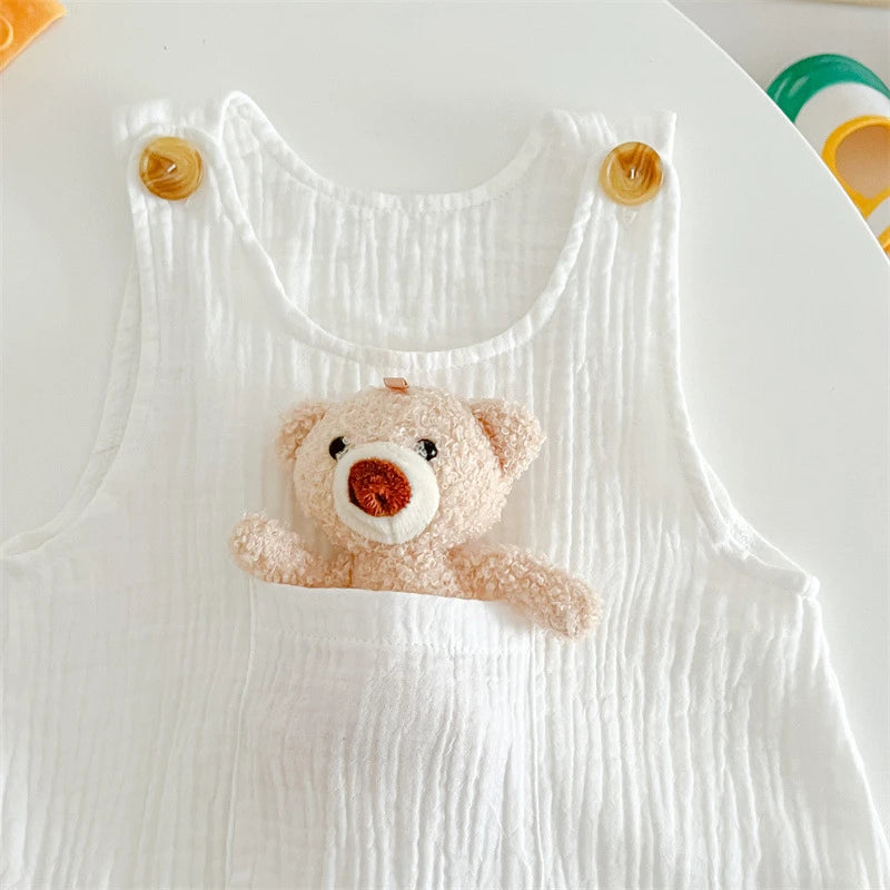 3Pcs Muslin Baby Jumpsuit Coat Hat Bear Baby Summer Clothes Set Kids Coat Romper White Toddler Outfit Suit Infant Clothing 0-3T