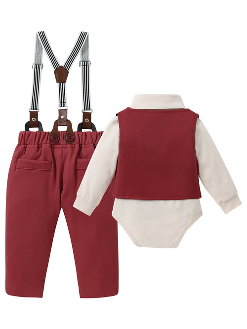 Baby Boy Gentleman Outfit Set – Shirt, Vest, Suspender Pants & Bow Tie | Ages 0–18M