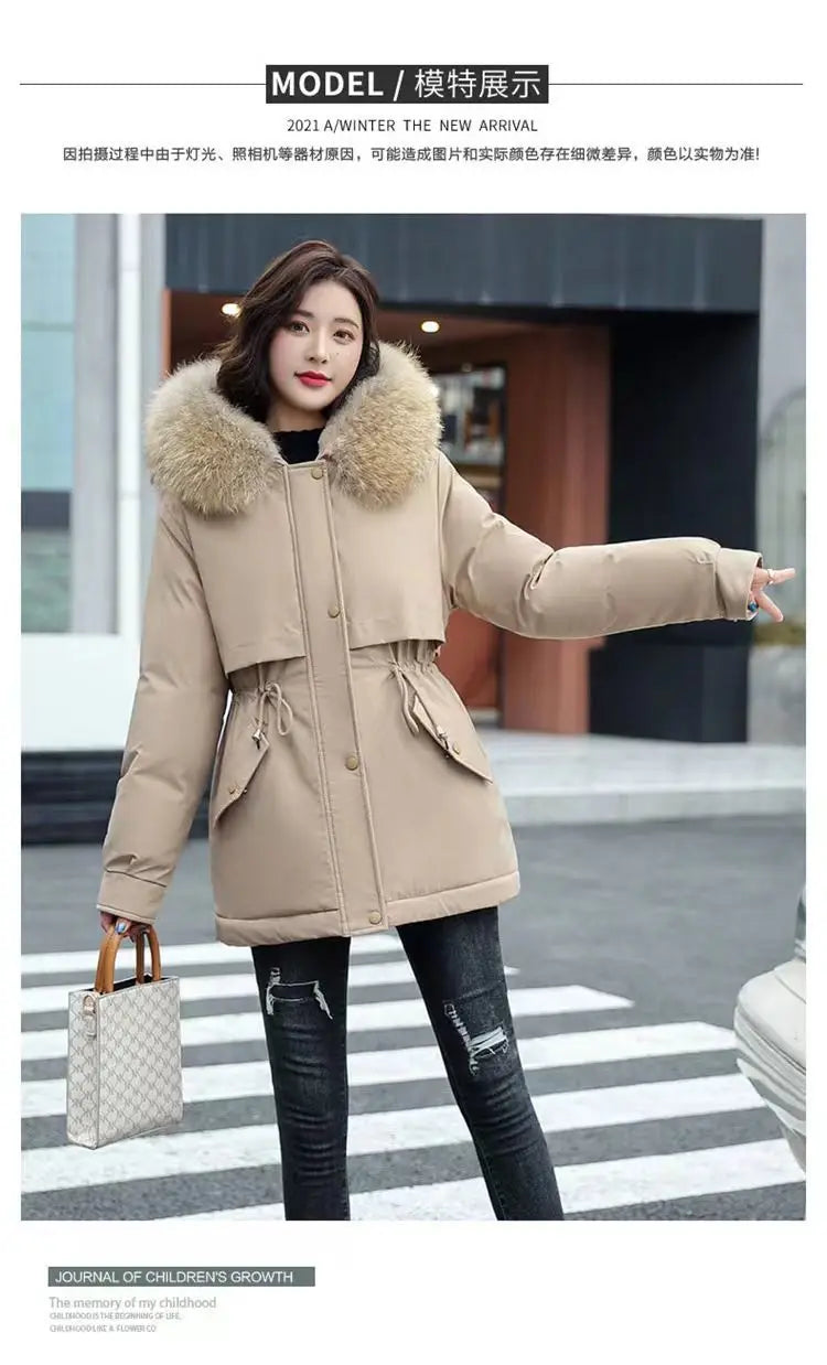 2025 Winter New Korean Edition Loose Thicken Cotton Jacket Women's Big Fur collar Hooded Coat Female Casual Warm Parker Overcoat
