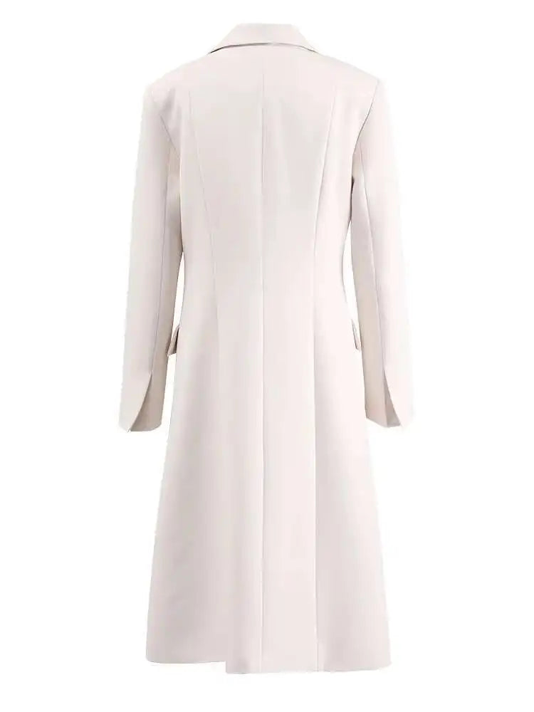 [EAM] Women Beige Irregular Hem Buckle Long Elegant Blazer New Lapel Long Sleeve Jacket Fashion Tide Spring Autumn 2025 CPDB133