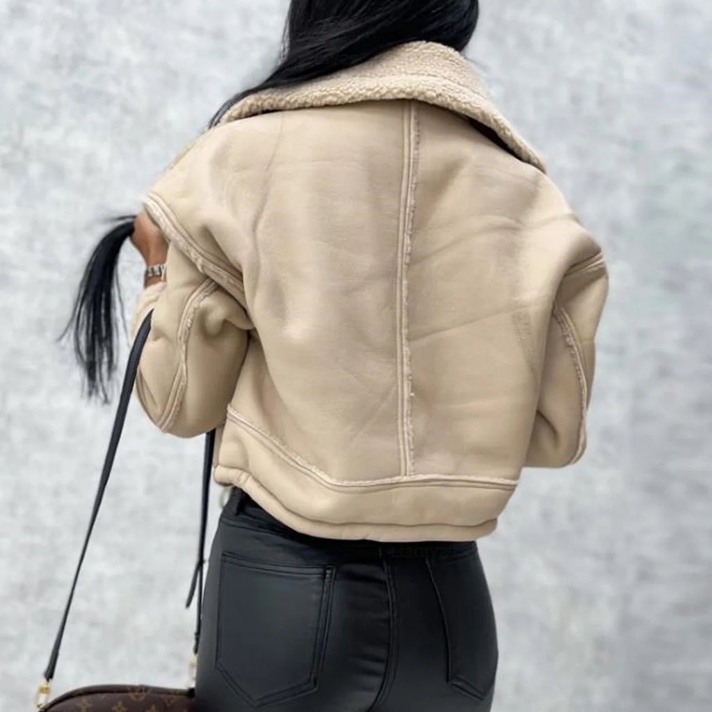 2025 Autumn Winter Women's Jacket New Fashion Lamb Fur Splicing Short Coat Zipper Motorcycle PU Leather Jacket Tops Female