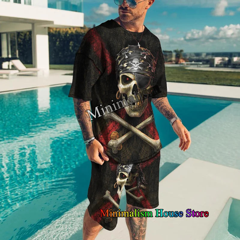 Summer Clothes For Men Vintage Tshirt Shorts 2 Pieces Set Men's Oversized Tracksuit Skull 3D Print Street Men Sets Short Outfits