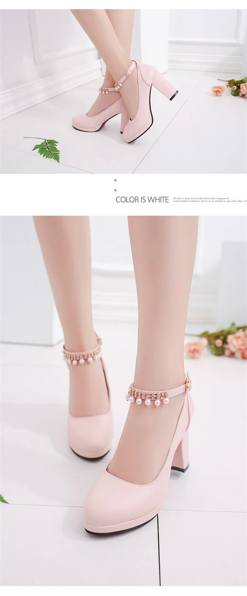Women's Wedding Shoes String Bead Ankle Strap Elegant Middle High Heel Dress Platform Bridal Pearl Pumps 8cm 2023 Autumn Leather