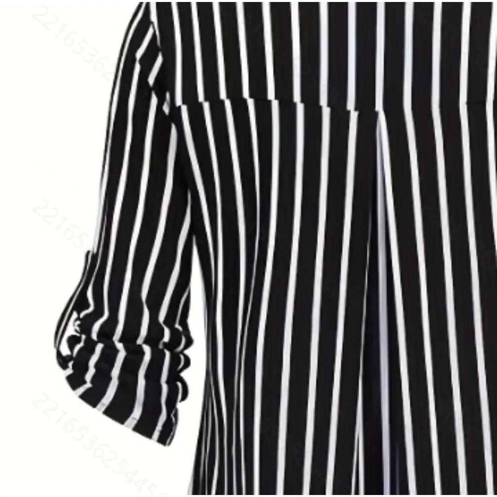 Plus Size 1XL-5XL Womens Stripe 3/4 Sleeve Bllouse Shirts Zipper V Neck Blouses Women Spring/Fall Fashion Stripe Pattern Shirt