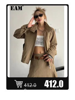 EAM Gray Spliced Pleated Personality Blazer Women New Lapel Long Sleeve Loose Fit Jacket Fashion Tide Spring Autumn 2025 30A1252