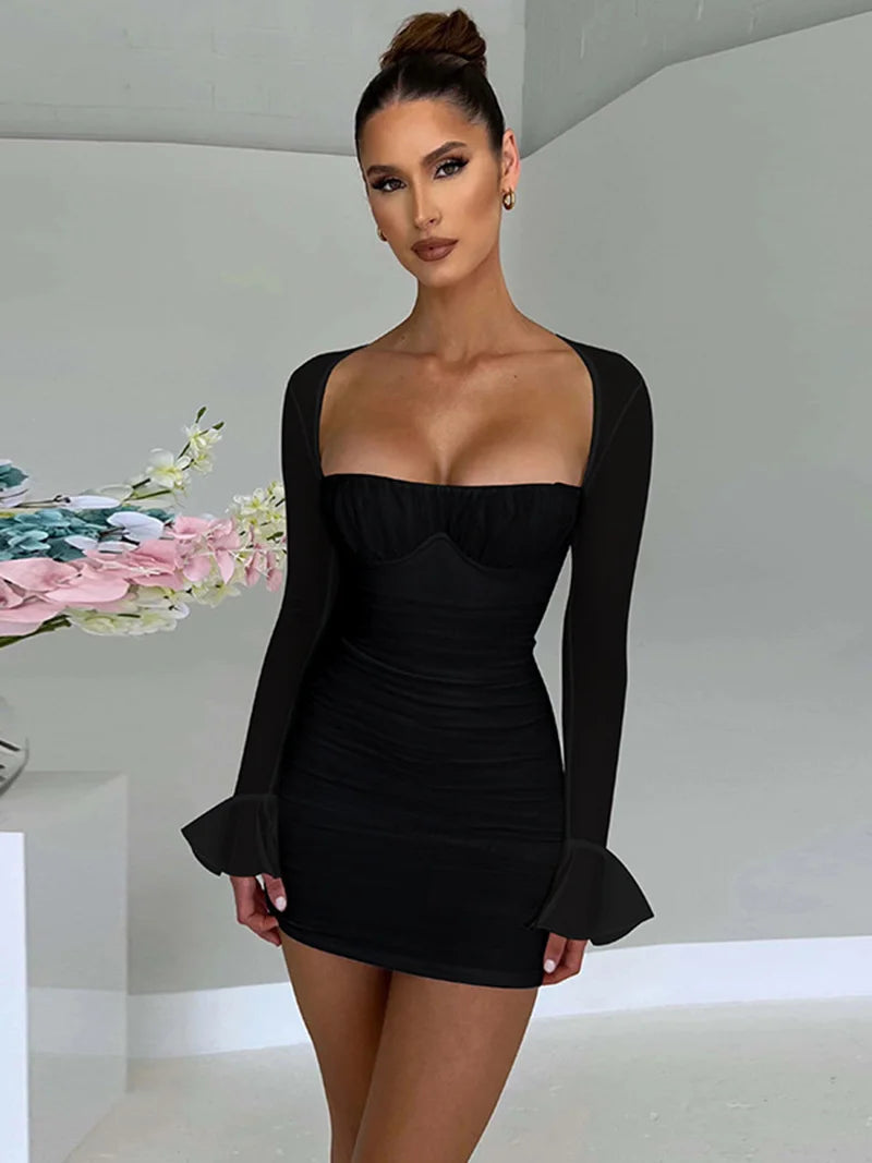 Mozision Elegant Backless Sexy Mini Dress For Women Robe Two Layer Mesh Full Sleeve Zipper Bodycon Party Short Dress Vestido