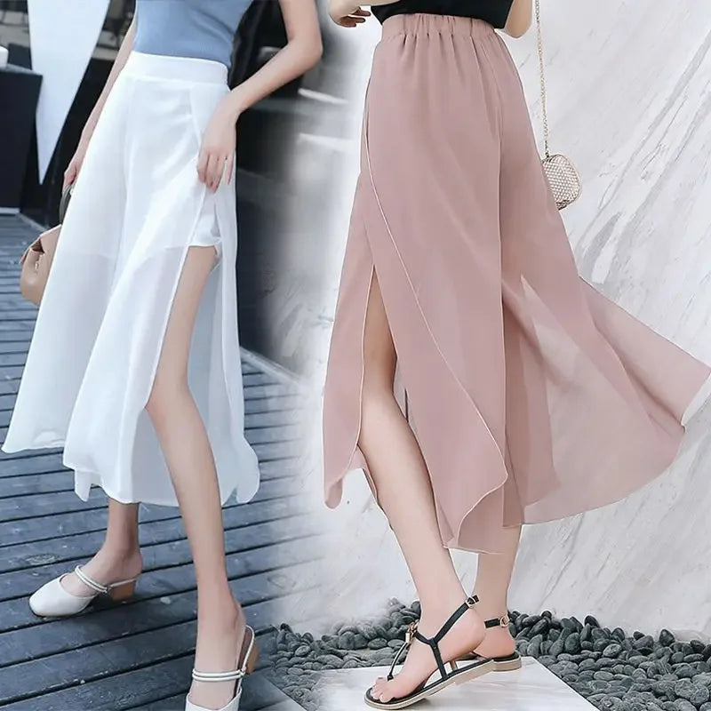 2024 Side Split Shorts Skirt Women's Summer Sweet Slim Chiffon Capris Skirts Female Korean Style Split Tulle Skirt Pants