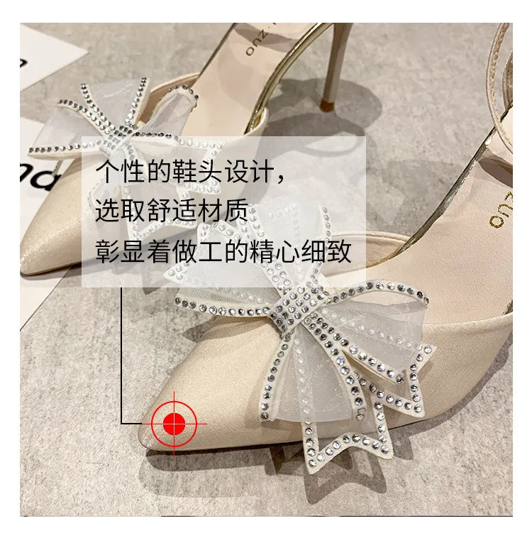 Crystal Wedding Shoes Bride Wedding Dress Two Wears  New Bow High Heels Women's Summer Slim Heels White Pointed Sandals  Women