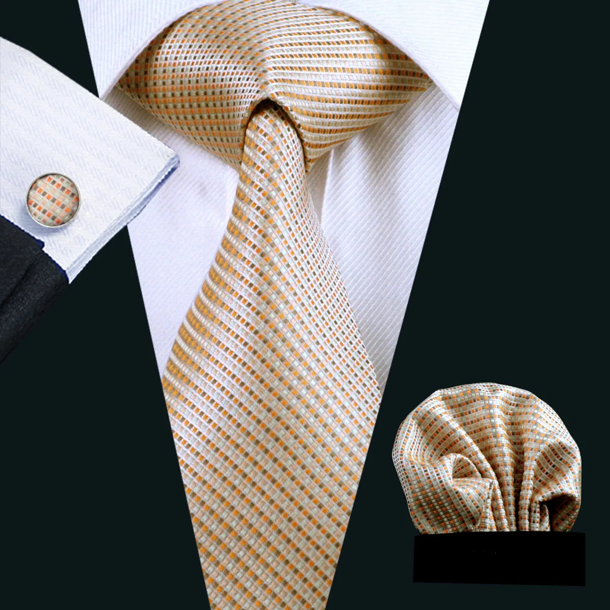 Barry.Wang Gold Beige Yellow Brown Tulip Silk Men Tie Handkerchief Cufflink Set Jacquard Necktie for Male Wedding Business Party