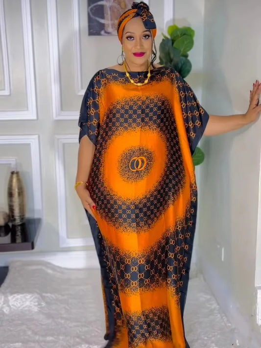 Summer New Fashion African Dresses For Women Elegant Printed Silk Muslim Lady Long Hijab Kaftan Dress Oversize Kuwait Abaya