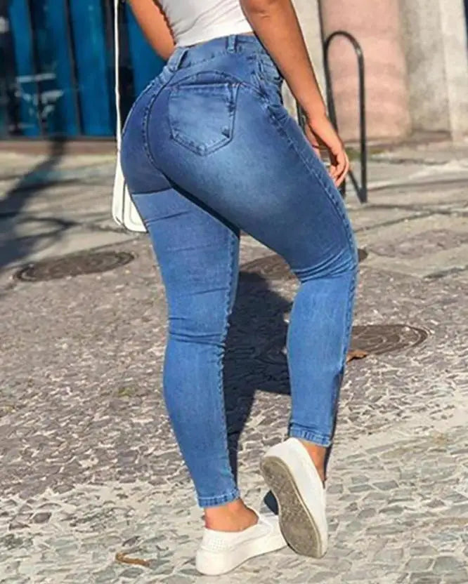 Women's Chic Denim Trousers 2024 Spring Summer Latest Button Pocket Design Casual Jeans High Waist Skinny Daily Versatile Pants