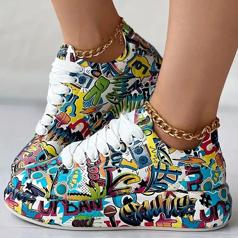 Women Sneakers Thick-soled Shoes 2024 New Summer Hand-painted Graffiti Shoes Outdoor Casual Women Sneakers Zapatos De Mujer