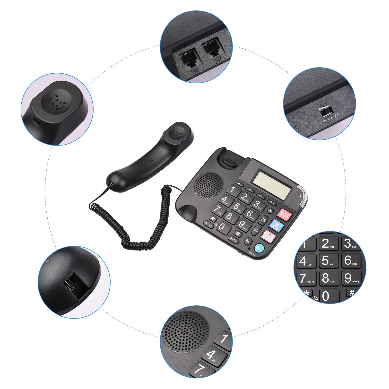 Black Corded Phone with Big Button Desk Landline Phone Telephone Support Hands-Free/Redial/Flash/Speed Dial/Ring Volume Control