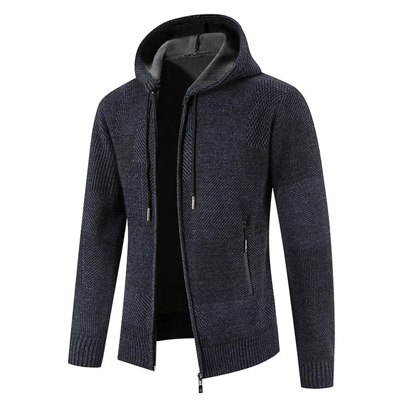 Men's Winter Sweater Jacket New Hooded Cardigan Knit Fashion Slim Fit Thick Warm Jumper Casual Zipper Hoodie Fleece Coat