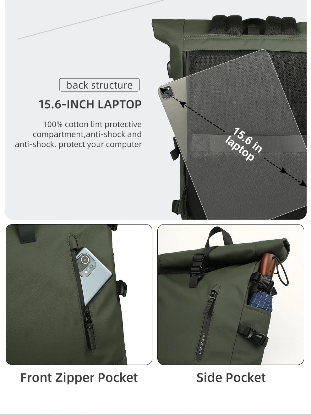 HK Expandable Waterproof Travel Backpack for Men Roll-Top Large Capacity 15.6 Inch Laptop Backpack with USB Hiking Camping Pack