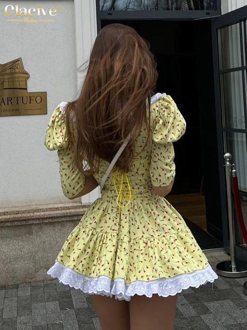 Clacive Summer Slim Print Women'S Dress 2023 Bodycon Doll Collar Short Sleeve Mini Dresses Elegant Lace Patchwork Female Dress