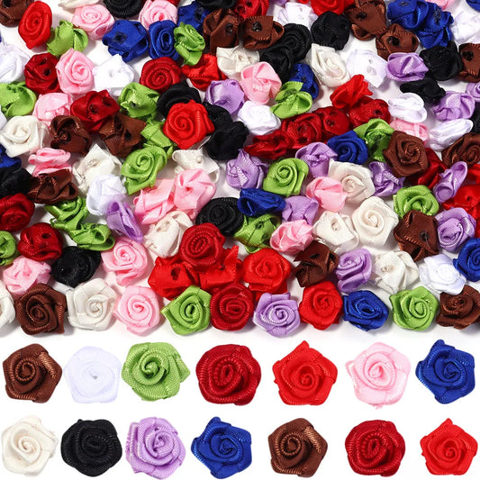 20Pcs/Lot Mini Handmade Rose Flower Satin Ribbon Rosettes Fabric Appliques For Wedding Decoration Craft Sewing Accessories