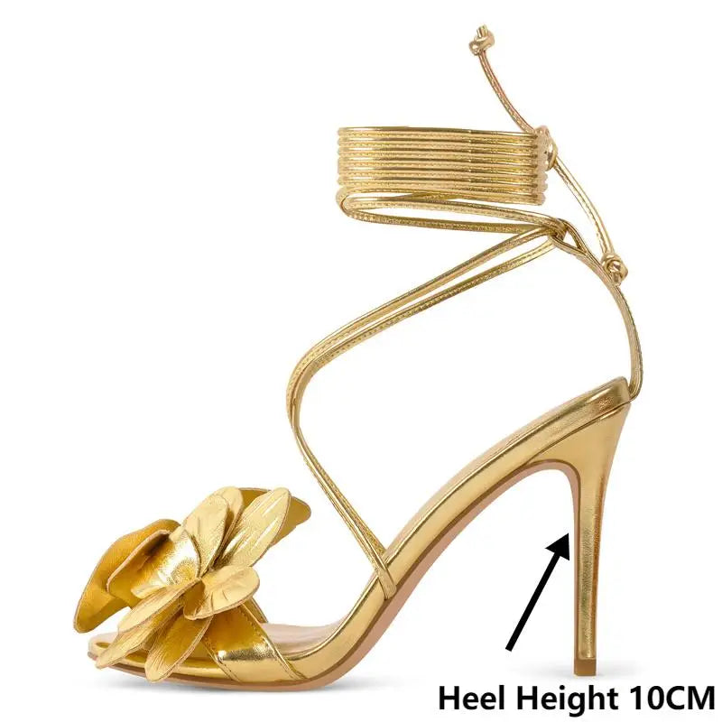 Onlymaker Women Gold Flower Round Toe Stiletto Sandals Party  Ankle Strap High Heel For Wedding Party Prom Bridal Sandals