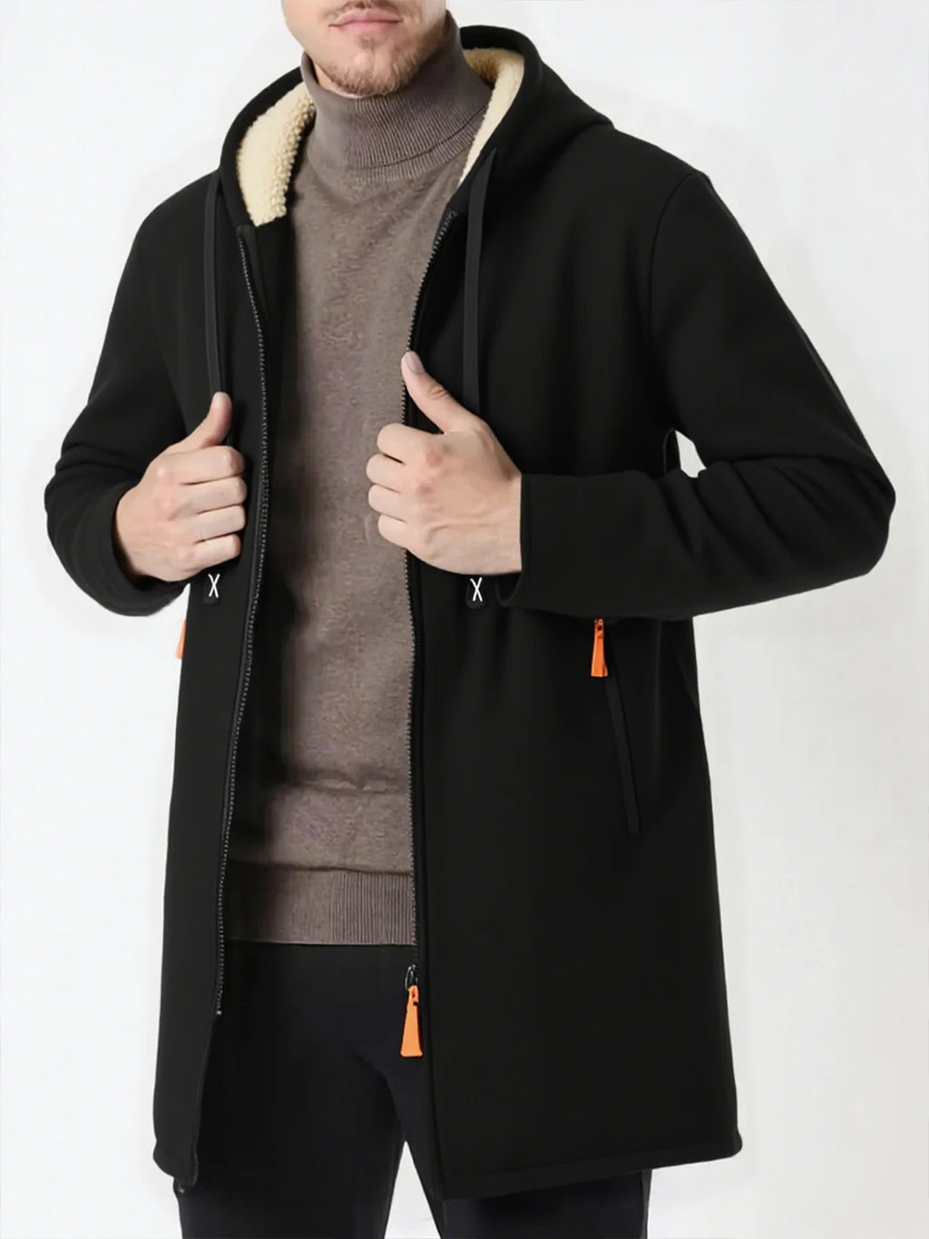 Men's Thickened Long Overcoat Jackets Winter Warm Zipper Hoodies Long Sleeve Sweatshirts Outdoor Solid Color Streetwear Tops