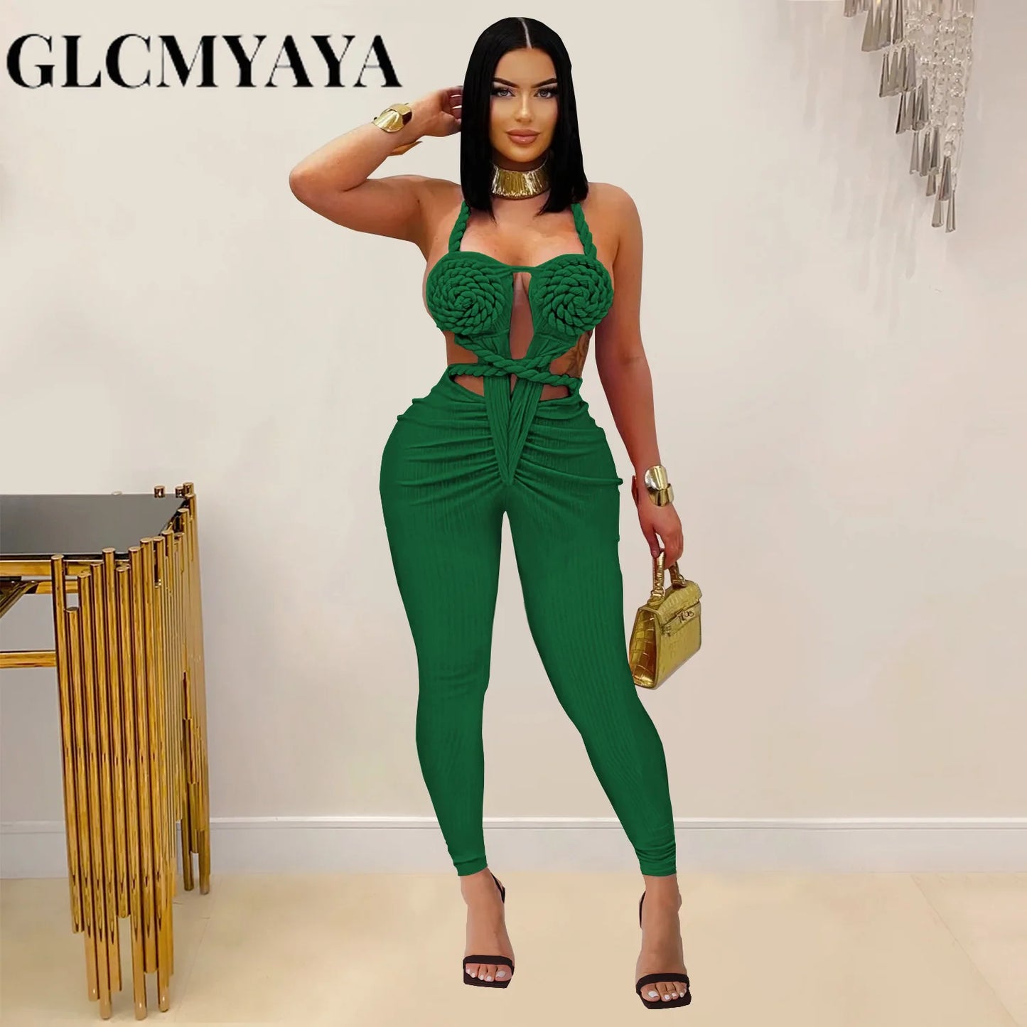 GLCMYAYA Women Halter Neck Knit Ribbed Ruched Stacked Jumpsuits 2025 Summer Vacation Beach Romper Playsuit One Piece Set Outfits