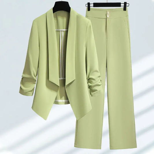 Women Spring Summer Green Blazer Pants Two Pieces Sets 2025 Office Lady Graceful Thin Suit Jacket Trousers Outfits Work Clothing