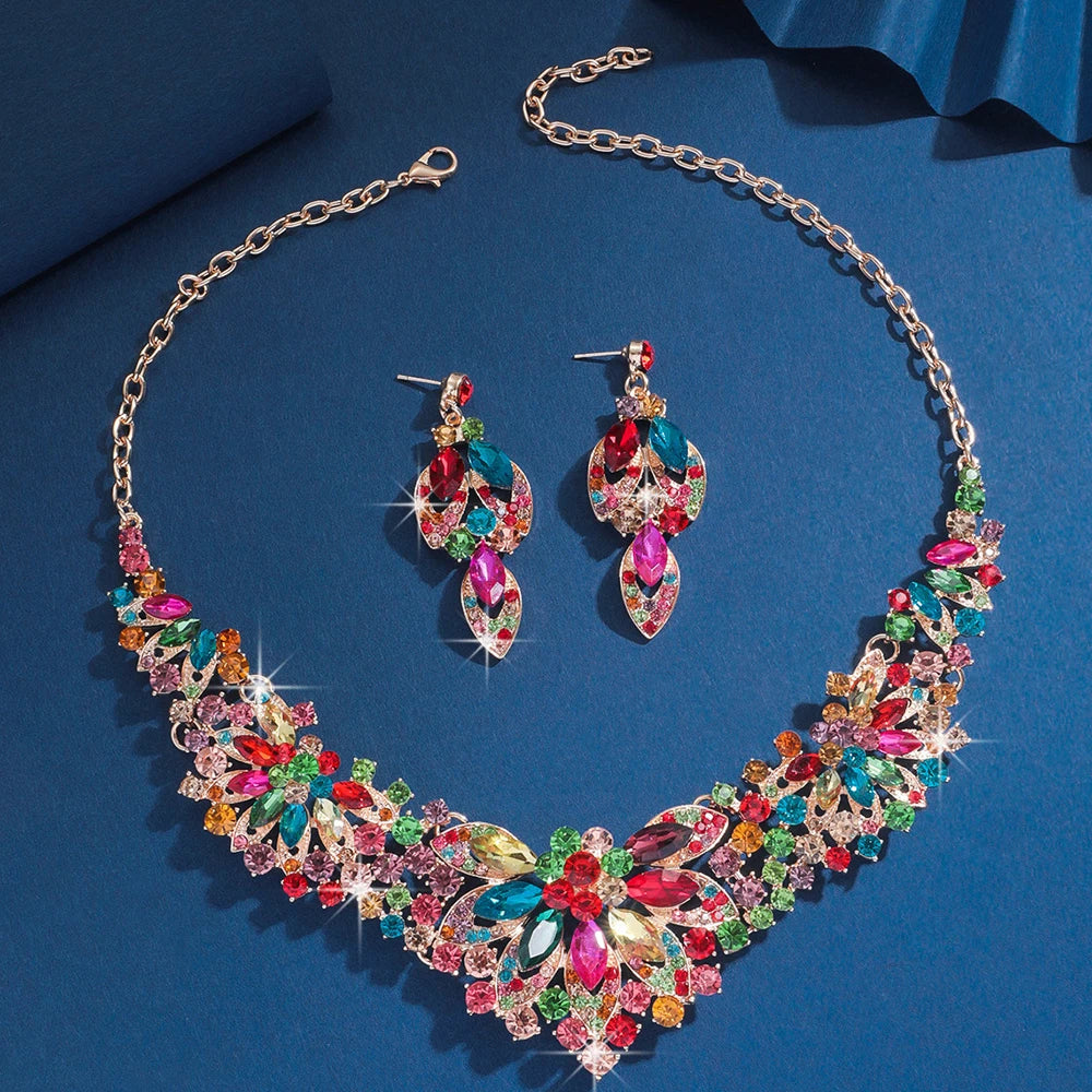 Wedding Bride Necklace Earrings Set Luxurious Simple Flower Rhinestone Clavicle Chain Necklace Eardrop Party Banquet Accessories