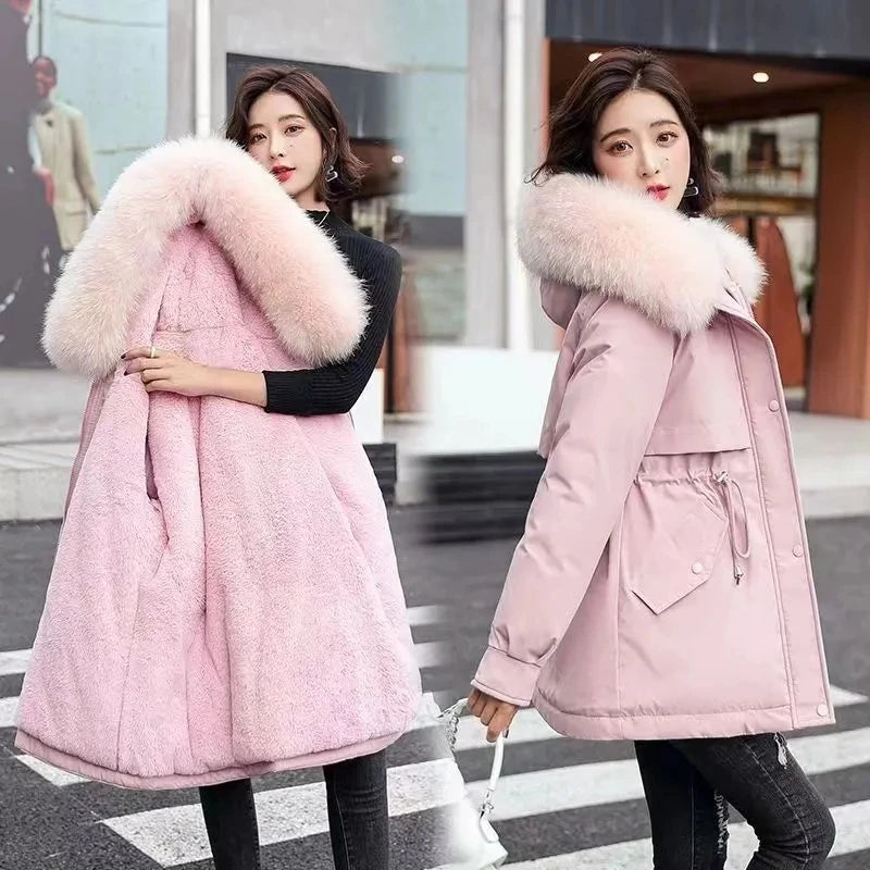 2025 Winter New Korean Edition Loose Thicken Cotton Jacket Women's Big Fur collar Hooded Coat Female Casual Warm Parker Overcoat