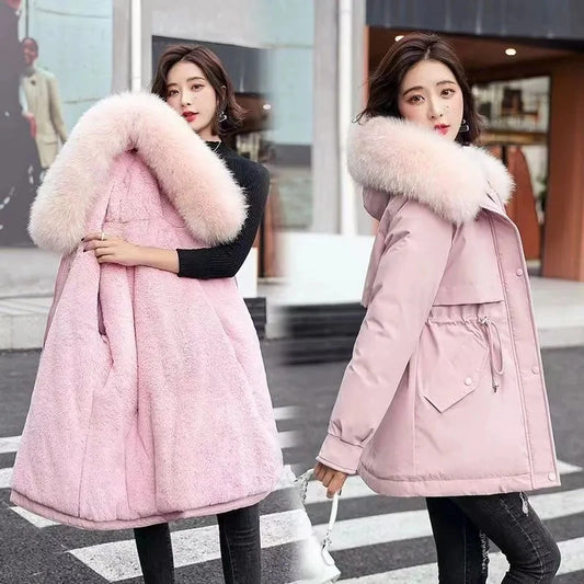 2025 Winter New Korean Edition Loose Thicken Cotton Jacket Women's Big Fur collar Hooded Coat Female Casual Warm Parker Overcoat