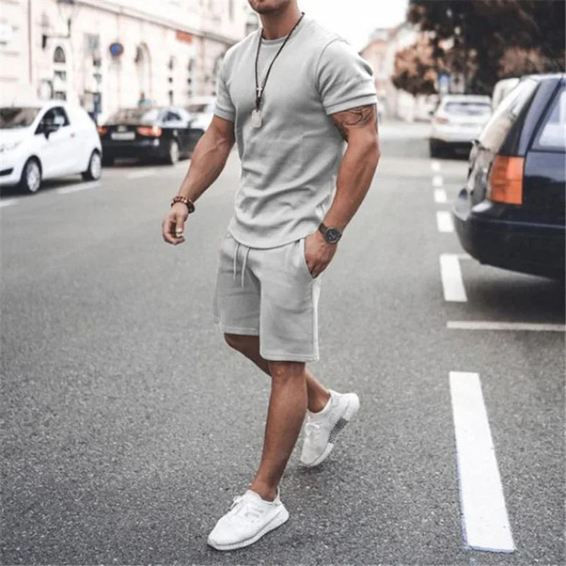 Solid Color Europe and The United States Men's 13 Color Summer New Short Sleeve Tshirt +Shorts 2pcs Set Leisure Sports Men Suit