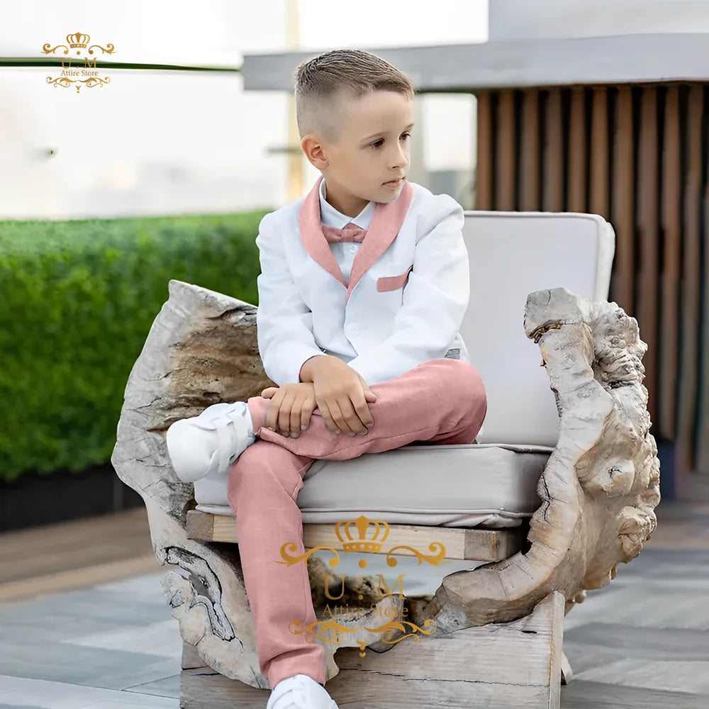 Boys' Linen Suit 2-piece set white Jacket Grey Pants Toddler first communion Outfit, pageboy formal set for wedding ring bearer