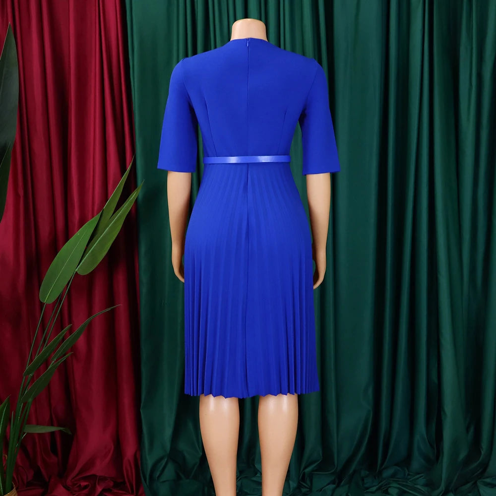 Church Dresses for Women Elegant V Neck Half Sleeves Pleated A-Line Midi Dress Female Classy Modest African Summer Fashion Gowns