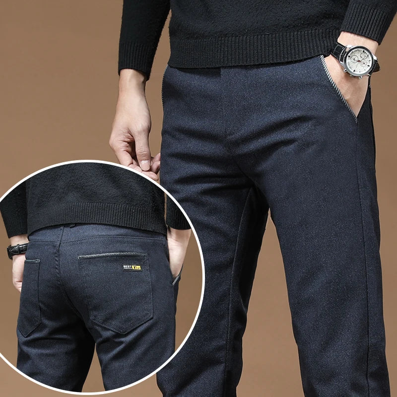 Winter Fashion Thermal Mens Casual Pants Fleece Lined Straight  Business Trousers Versatile Black Gray Blue Brand Trousers