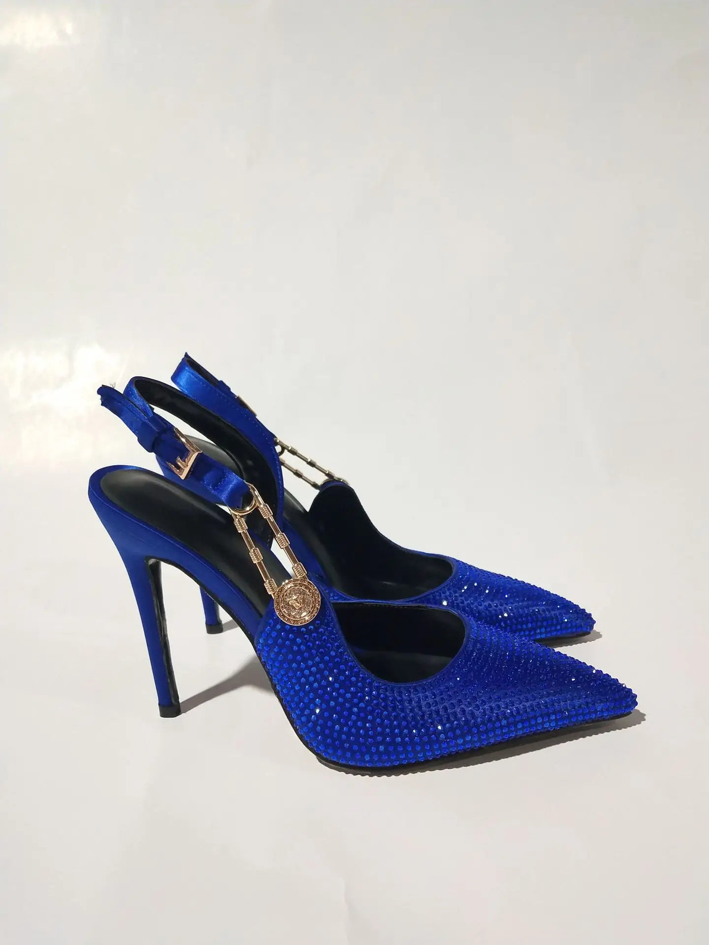 2025Women's Sexy Silk Rhinestone Pumps Belt Buckle Back Hollow Pointed Toe Thin Heel Sandals Pumps Female High Heels Party Shoes